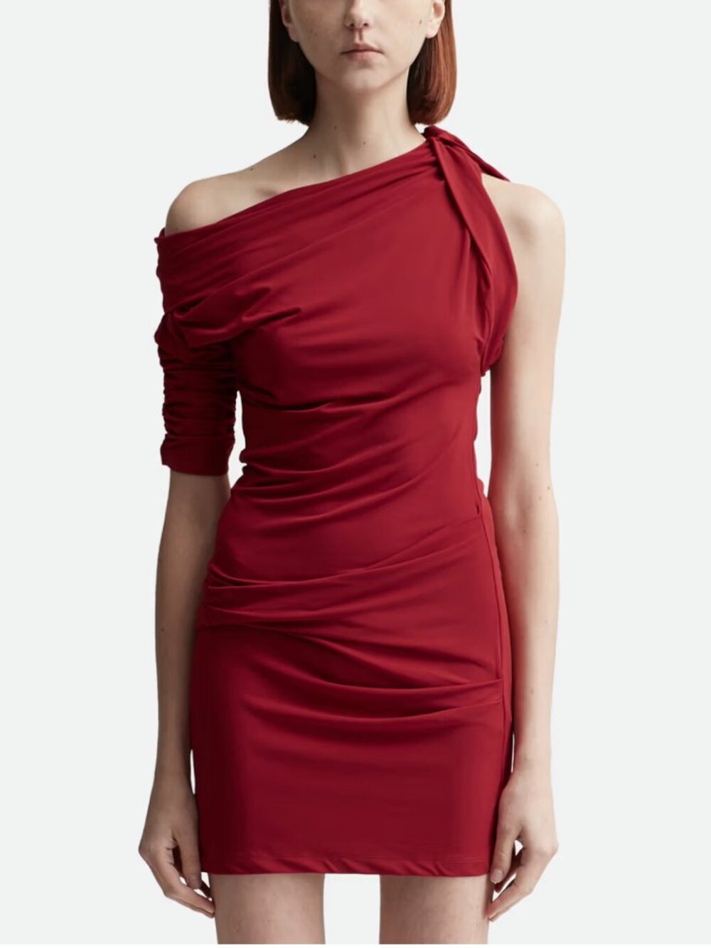 Jacquemus La Mini Robe Drapeado Burgundy Mini Bodycon One Shoulder Dress Sz XS